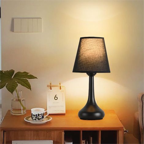 Goeco Lampada da Tavolo per Camera – 3 Modalità di Colore – Paralume in Tessuto – Lampada da Comodino / Lettura – 34x16 cm – Nero (1/5)