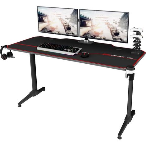 Soges Gaming Schreibtisch 140 x 60 cm,Computertisch in T-Form,Büro,PC,Computer,robuster Tisch mit Mauspad,Getränkehalter und Kopfhörerhaken,schwarz (1/5)