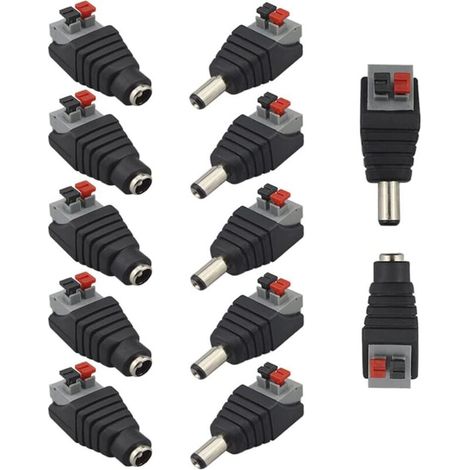 12Pcs Professionnel 12V Presse Type DC Alimentation Connecteur Adaptateur, 5.5 X 2.1mm sans Vis Rapide Câble Connecteur, 6 Paires Mâle Fiche & Femelle Prise Kit, pour CCTV Caméra LED Bande (1/5)