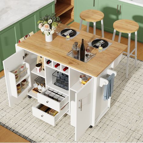 Meuble de cuisine avec îlot roulant, plateau rabattable, 2 tabourets de bar, blanc DESVIAE (1/5)