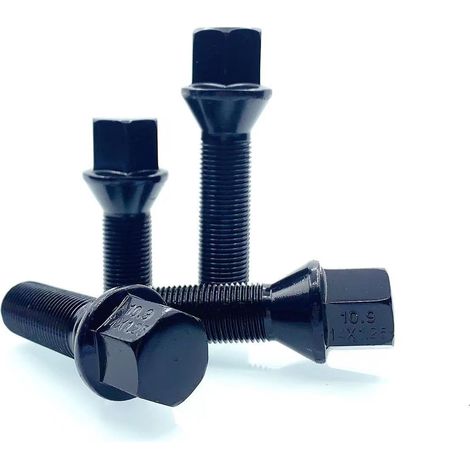10 boulons d'écrou de roue M14x1,5, longueur de tige 28 mm, siège conique de classe 10,9, revêtement noir, boulons de remplacement pour pneus. (1/5)