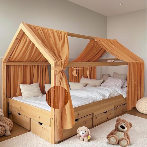 Lot de 2 ciel de lit avec application dorée - Fait à la main en mousseline 100 % coton - Pour décoration de lit de maison - Pour filles et garçons (jaune moutarde, lot de 2, 132 x 320 cm) (1/5)