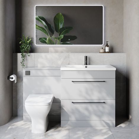 Napoli 460 Cento Gloss Grey Pearl 1400mm 2 Drawer Vanity Unit Toilet Suite with Glide Basin - 1400mm - Matt Black 480mm HandleWith Kingston Toilet Pan and Seat