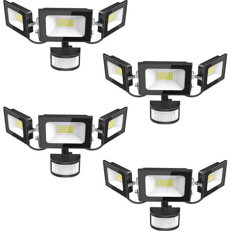 Projecteur LED Détecteur de Movement - 100W 10000LM Ultra Lumineux 3 Tête Spot LED Extérieur, IP65 Etanche Éclairage de Sécurité Extérieur PIR pour Cour Porche Jardin Garage, 4 Pack (1/5)
