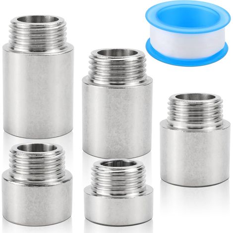 Lot de 5 rallonges de robinet 1/2" - 10/15/20/25/30 mm - En acier inoxydable - Rallonge de raccordement d'eau - Raccord fileté pour robinets, valves d'angle et pommes de douche (1/5)