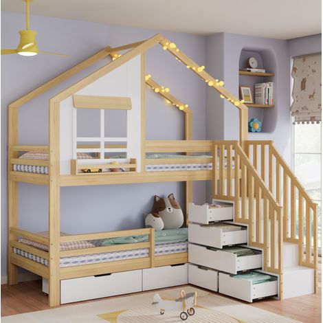 Letto a castello 90x200 cm bianco e naturale in pino e MDF con cassetti e scala sicura (1/5)