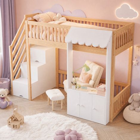 Kinderbett 90x200 cm mit Stauraum-Treppe, mehrfarbiger LED, Holz OKMYHOME (1/5)
