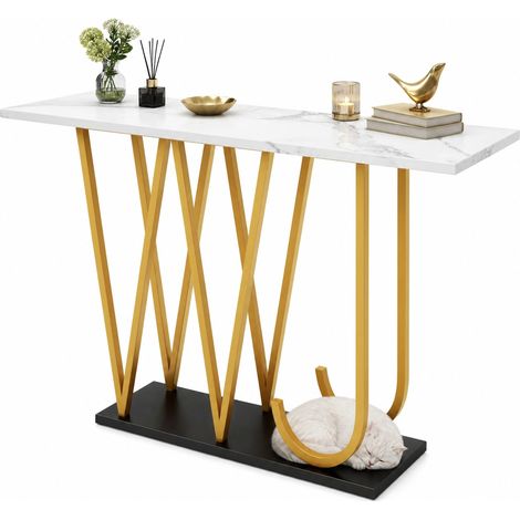 CHICFURN Mesa de comedor 120 x 29,5 x 80 cm de MDF y metal blanco efecto mármol con almacenaje (1/5)