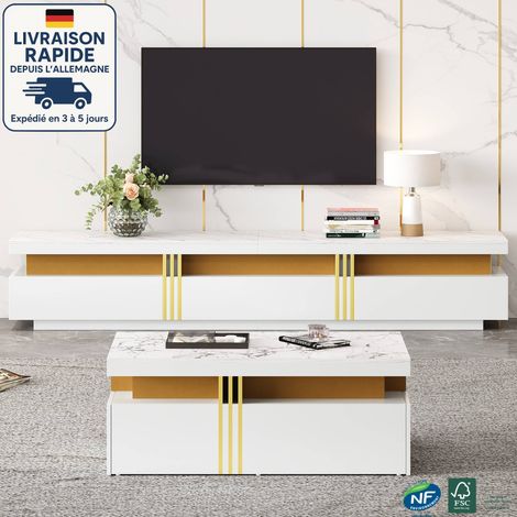 Modfu – Ensemble de meubles de salon effet marbre – Meuble TV 200x40x42cm et table basse fixe – Aggloméré blanc moderne – Capacité 30 kg (1/5)