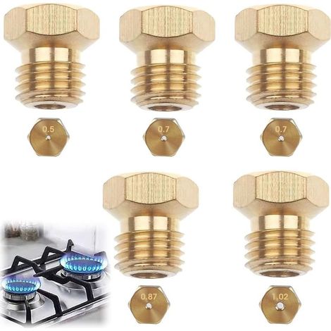 Lot de 5 Gicleurs Gaz Butane Universels, Gicleur Gaz de Ville, Kit de Conversion GPL pour Gazinière à Gaz, Injecteur Gaz Butane et Propane (1x0,5, 2x0,7, 1x0,87, 1x1,02) [Classe énergétique A+++] (1/5)