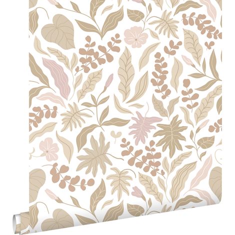 papier peint feuilles et fleurs beige et rose - ESTAhome (1/5)