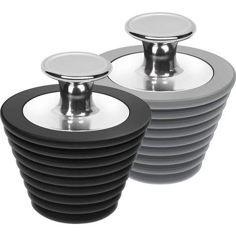 Lot de 2 bouchons de vidange universels pour baignoire et lavabo, diamètres de 25 à 47 mm, noir et gris.