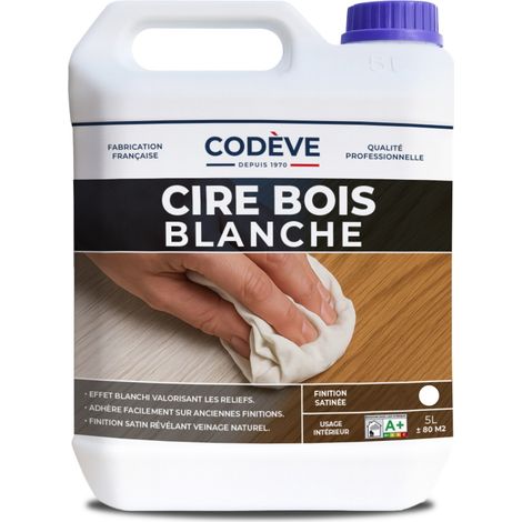 Codève Bois – Cire pour bois blanc 5 L – Effet blanchi sur meubles et boiseries – Application facile avec mèche de coton – Rendement 16 à 17 m²/l
