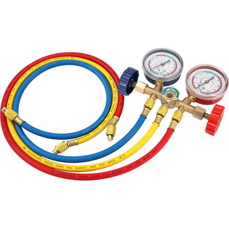 Ortviai Ensemble de Manomètres pour Climatisation – Jauges en laiton, 3 flexibles colorés (Rouge/Bleu/Jaune), compatible R12/R22/R134A/R404A