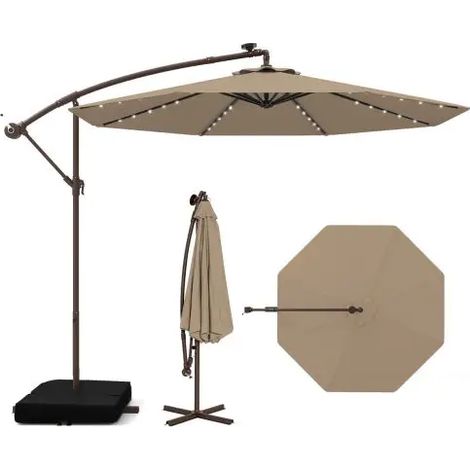 300cm Hanging Offset Umbrella with 40 LED Lights Solar Panel Batteries-Coffee (1/5)