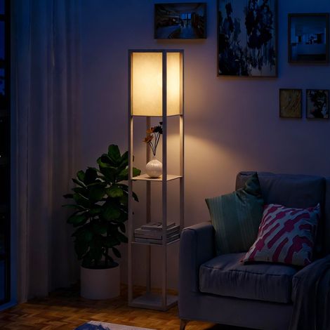 Lampe sur pied 40W avec 3 etageres integrees et interrupteur a pedale, moderne en MDF et acrylique, 26x26x160 cm, chene (1/5)
