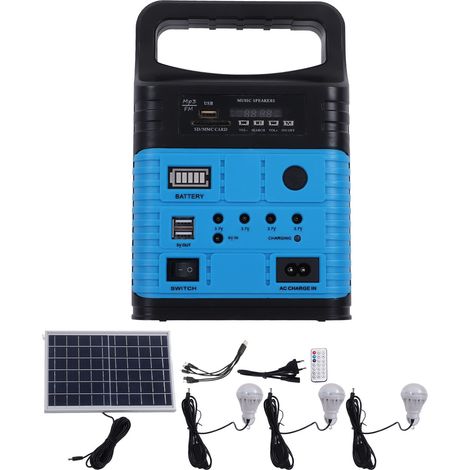 Générateur solaire SDM 3790 portable bleu ABS avec panneau, lampe LED et fonction MP3 pour camping et urgences