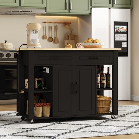 Îlot de cuisine mobile extensible de 120 cm avec bar et prises, 2 tiroirs et 2 portes de placard avec étagères de porte. Convient pour la cuisine, la salle à manger, le salon, etc.