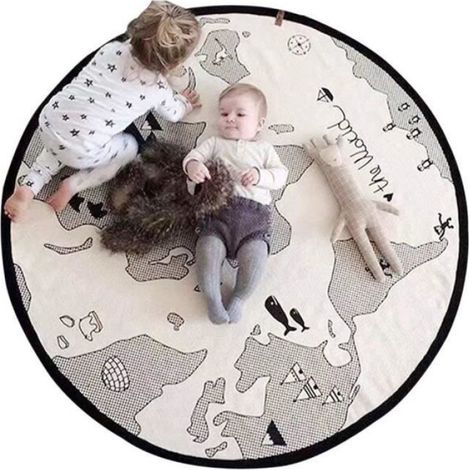 Tapis De Jeu Bébé - Toile Coton - Carte Du Monde - Diamètre 135 Cm - Épaisseur 2 Cm - Gris (1/4)