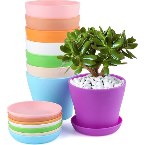 Set mit 8 Blumentöpfen (10 cm Durchmesser) mit Abflusslöchern, kleine Kakteentöpfe, runde Kunststoffpflanzgefäße, Töpfe mit Untersetzern für Büro oder Balkon, farbenfroh (1/5)
