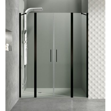 OPEN parete doccia frontale con due porte a battente tra due pannelli fissi, larghezza 225 cm, profili neri, vetro trasparente, braccio di sostegno regolabile, pannello fisso + porte + pannello fisso  (1/5)
