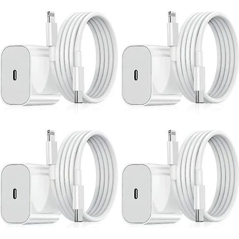 Pack de 4 chargeurs pour iPhone - Chargeur rapide - Adaptateur + câble de 2 m 20 W Lightning Blanc (1/4)