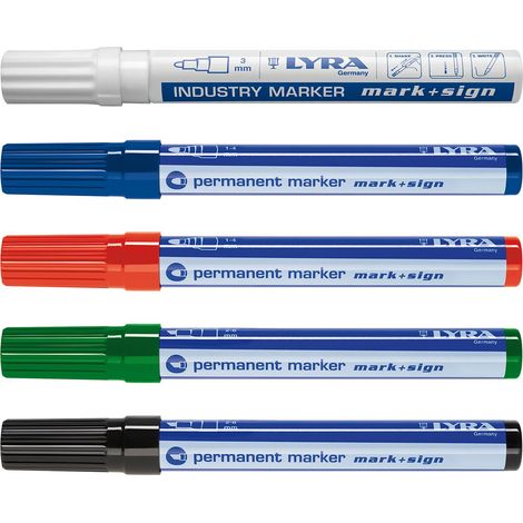 vasalat Lyra Permanent Marker wasserfest rot und blau rund + grün und schwarz schräg + Lackstift weiß (1/3)