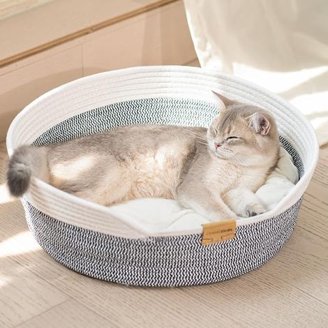 Panier Chat Tressé en Corde, Lit pour Chat Respirant au Design Artisanal, Panier Rond et Douillet pour Toutes Saisons, 47x47x15 cm (1/5)