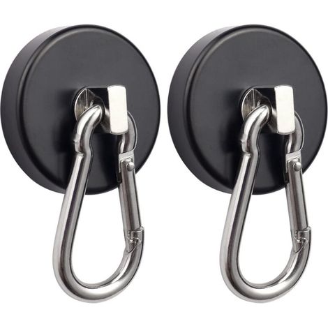 Due ganci magnetici neri con moschettoni girevoli, con una resistenza alla trazione massima di 75 kg, per la sospensione.