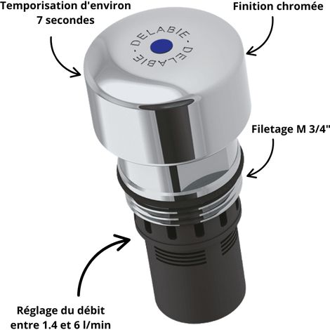 Delabie – Cartouche thermostatique temporisée – Débit ajustable 1,4 à 6 l/min – Raccordement M 3/4' – Réduction consommation d'eau (1/3)
