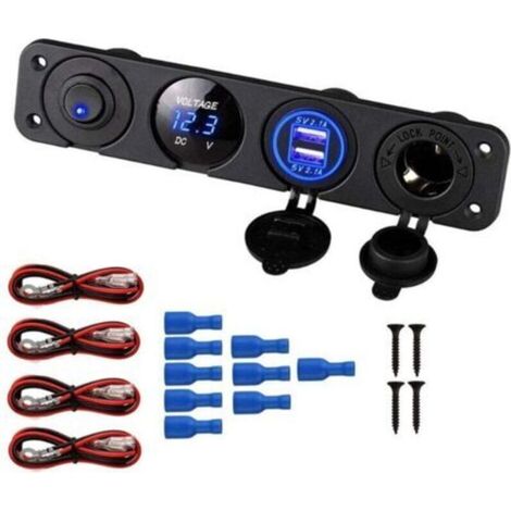 Prise allume-cigare, double port USB 2.1A, prise DC 12V, interrupteur et affichage LED Voltmètre Prise courant chargeur voiture étanche pour voiture 12V/24V, bateaux et marine, moto,ca