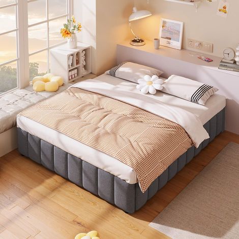 Lit coffre 140x200 cm gris, cadre rembourré en lin, rangement hydraulique, sans tête de lit, sans matelas (1/5)