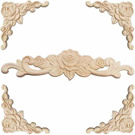 Moulure Decorative Bois 5 Pièces Sculpture Bois Moulure Décorative Bois Applique Moulure Rosace Decorative Floral Bois Sculpte Decal Sculpté d'angle Decoratif pour Décoration Meuble (1/4)