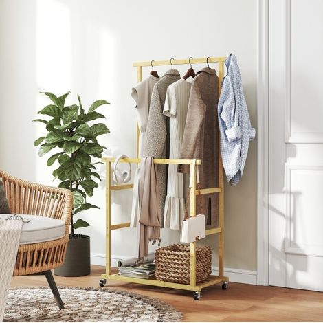Porte-manteau sur roulettes en bambou coloris bois naturel, 2 tringles et étagère à chaussures, 80 x 40 x 160 cm (1/5)