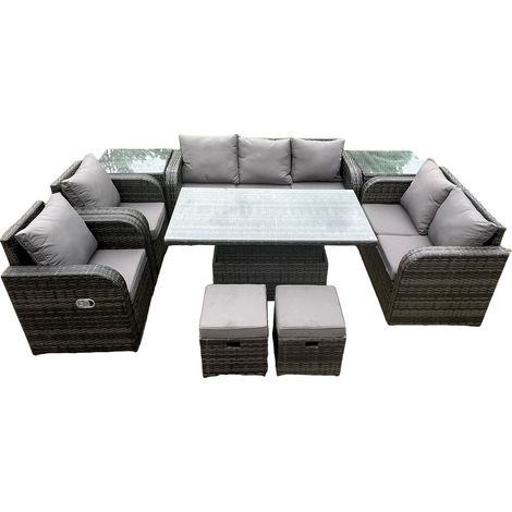 Fimous Wicker PE Rattan Outdoor Gartenmöbel Sets Höhenverstellbarer aufsteigender Esstisch Liegestuhl Sofa Set mit 2 Beistelltischen 2 Kleine Fußhocker Dunkelgrau gemischt (1/5)