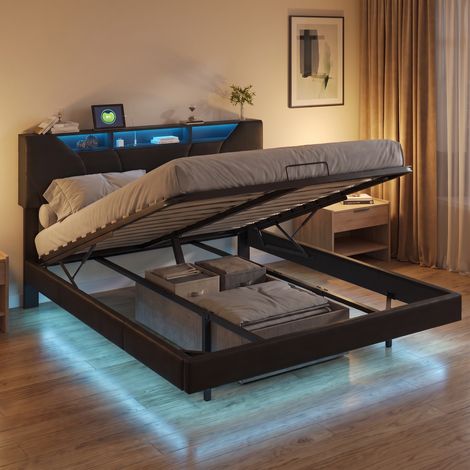 Lit coffre double 140x200 cm, lit flottant avec LED RGB et ports USB, lit adulte avec tête de lit réglable, style moderne, Noir (1/5)