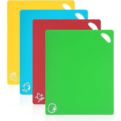 Planche à Découper Plastique,4 Pack Planches à Découper Planche Decouper Plastique Antidérapante avec Icônes de Nourriture et Facile à Accroche (1/2)