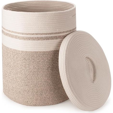 Corbeille à Linge Coton Tissé Couvercle 58L Panier à Linge Corde Coton Poignée Évidée Placer Couvertures Oreillers Adapté Chambre à Coucher Salon 38 x 50cm Marron (1/5)