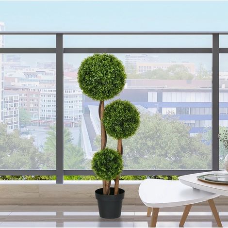 Buis artificiel 110 cm à 3 boules, plante UV résistante en PE, vert, avec pot (1/5)