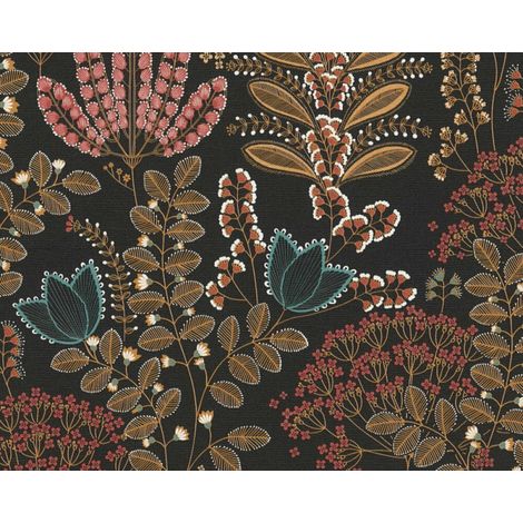 Papier peint feuillage, fond noir, rouge, jaune, vert B393495 (1/5)