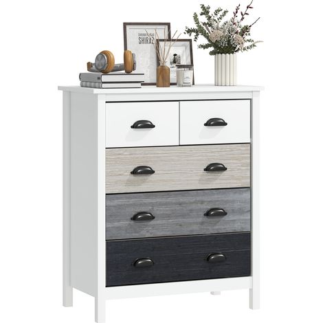 Sideboard, Kommode, 5 Schubladen, lackierte Oberfläche, MDF & Kiefernholz, 70 x 38 x 85 cm, Weiß