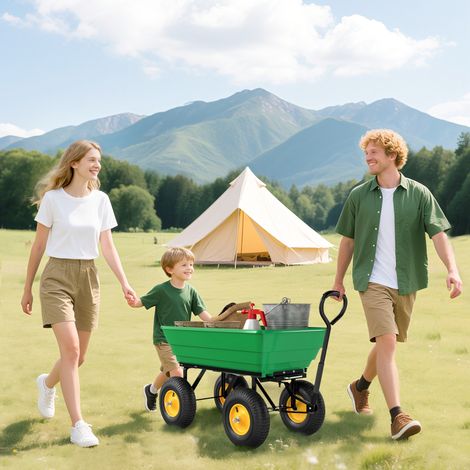 Chariot de jardin 75L, vert, acier et PP, benne basculante poignée, 109x52x94 cm (1/5)