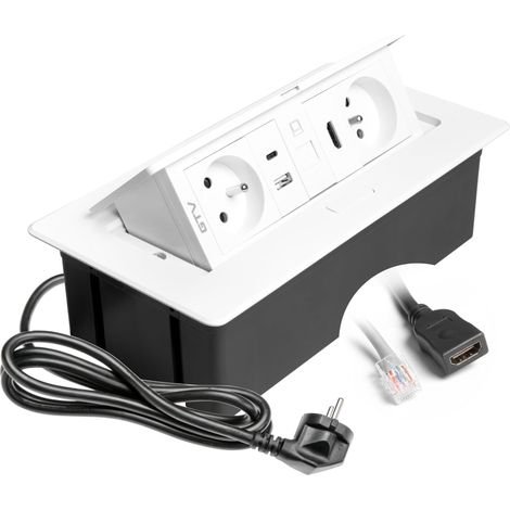 GTV – Presa da incasso MULTISOFT bianca con 2 prese con messa a terra, USB A+C, RJ45, HDMI 2.0, retrattile con copertura, cavo da 1,5 m, ideale per cucina, ufficio o tavolo da conferenza (1/2)