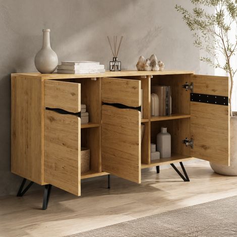 Aparador de 3 puertas 140 x 40 x 75,5 cm efecto madera y patas metálicas negras HAVRYA (1/5)