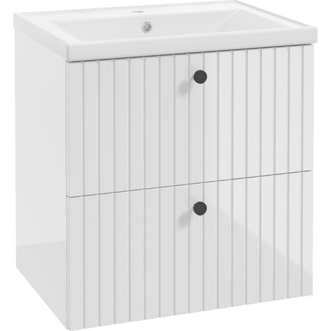 Waschtisch mit Keramik Waschbecken 60cm weiß Hochglanz gerillt RIVA-107 (1/5)