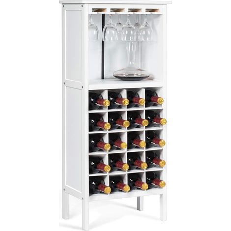 COSTWAY Cantinetta Portabottiglie in Legno, Scaffale per Vino con Portabicchiere/Calici, Portavino per 20 Bottiglie e 4 Calici, 42 x 24.5 x 96 cm (Bianco) (1/5)