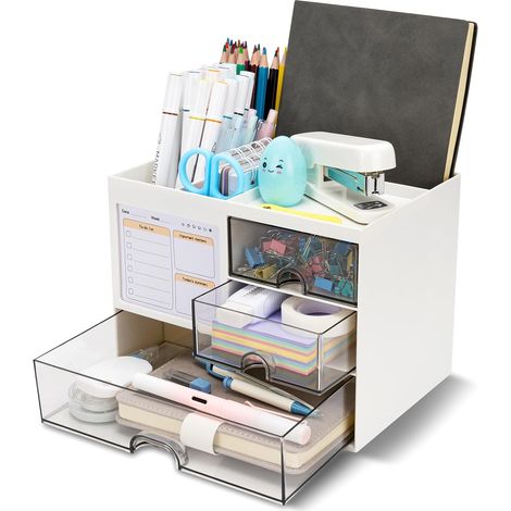 Schreibtisch-Organizer mit 3 Schubladen und Stifthalter, große Aufbewahrungsbox für Bürobedarf (weiß), ideal für Schule, Büro, Zuhause und Make-up (weiß). (1/5)