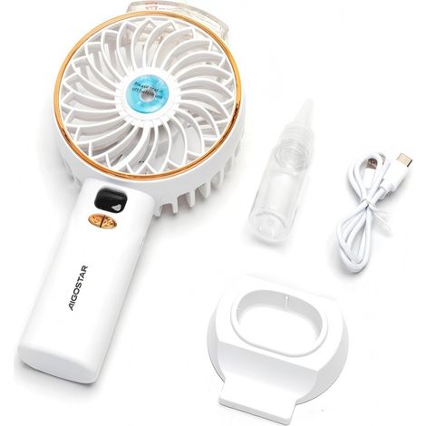 Ventilateur Portable Aigostar Blanc et Doré 4.3" - Haute Capacité 2400mAh, 5 Vitesses, 3 Lames - Design Luxueux avec Socle pour Bureau et Intérieur (1/2)
