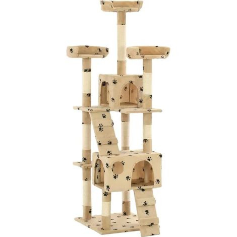 Arbre à chat 170 cm en sisal avec niches, plateformes peluchées – Beige à motifs (1/5)