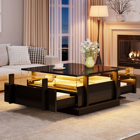 Table basse laquée brillante blanche 70x70x35 cm, 2 tiroirs, LED et séparateur acrylique transparent, meuble salon pour petits espaces - Noir (1/5)
